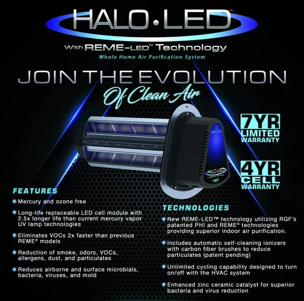 RGF HALO-LED whole home air purification system with REME-LED technology, with a 7-year limited warranty and 4-year cell warranty